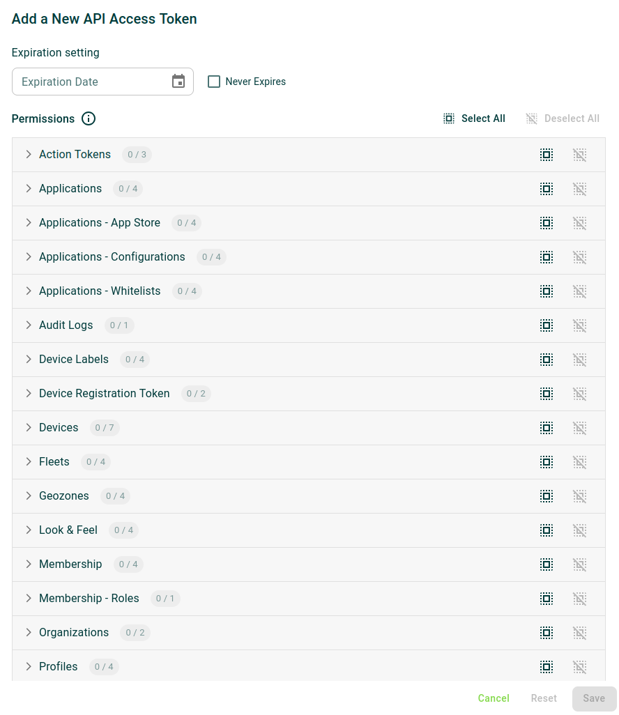 New API token creation form